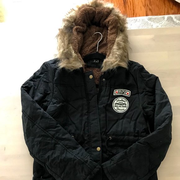 Black Army Coat with Faux Fur Hood - Picture 1 of 3